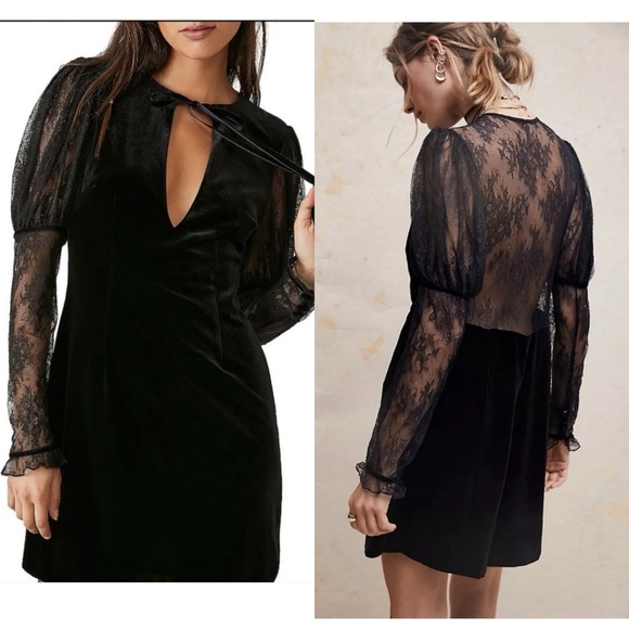 Free People Dresses & Skirts - Free People midnight hour Black Velvet with Lace mini dress NWT